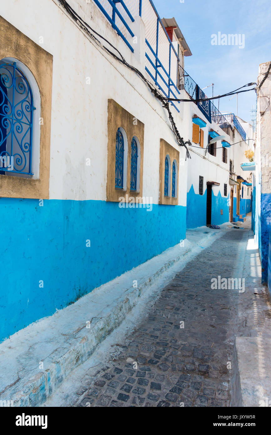 Famous blue and white houses at the Kasbah of the Udayas in Rabat