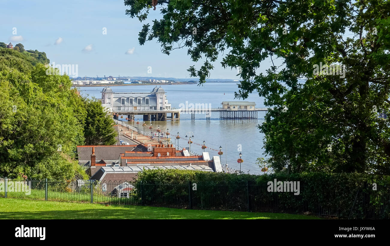 Aerial view of Penarth Pier and the Esplanade with Cardiff Docks in the background taken from