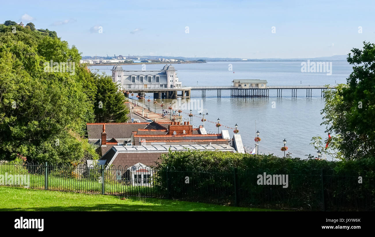 Aerial view of Penarth Pier and the Esplanade with Cardiff Docks in the background taken from the Cliff Hill in Penarth. Stock Photo