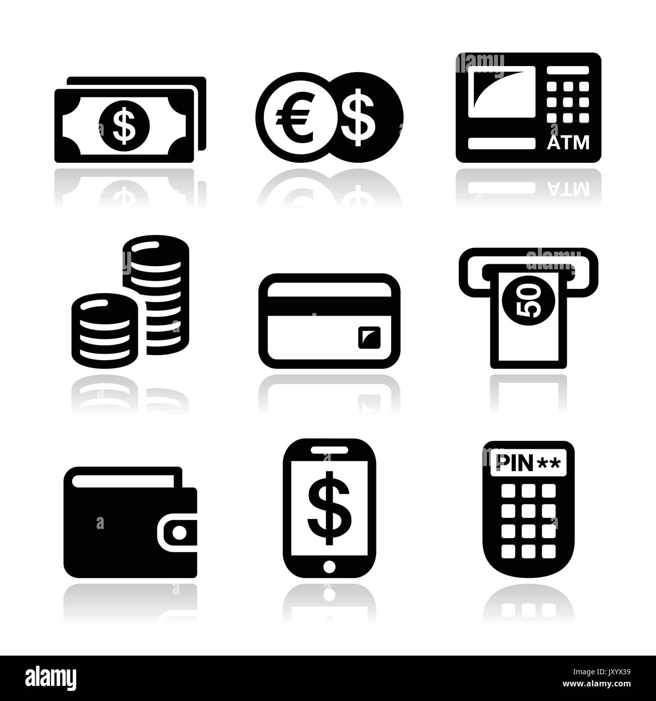 Money, ATM - cash machine vector icons set    Finance icons - ATM, coins, bank notes, credit card isolated on white Stock Vector