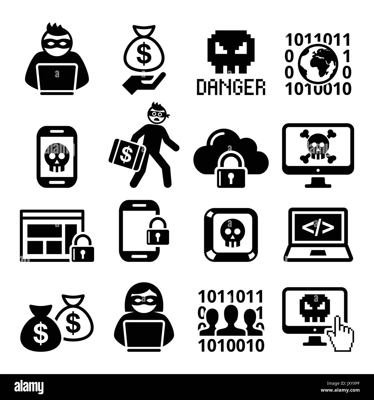 Hacker, cyber attack, cyber crime icons set Stock Vector