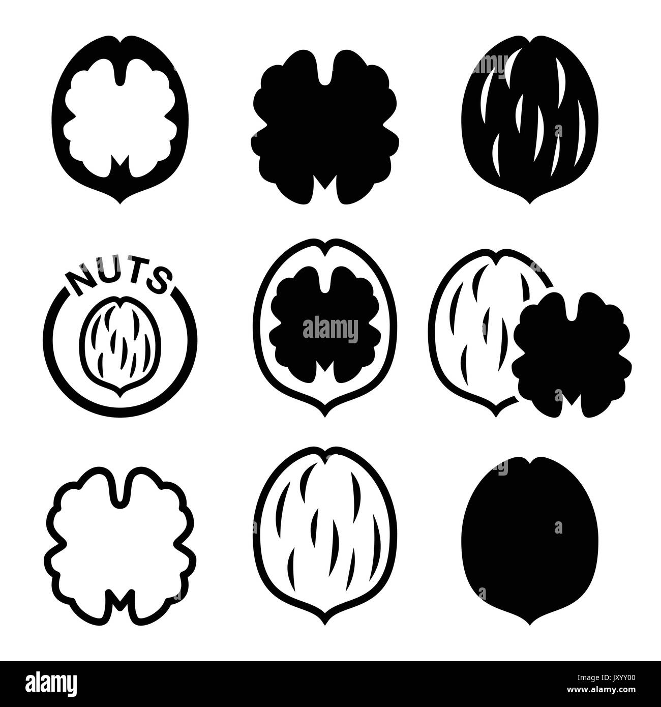 Walnut, nutshell vector icons set - food design Stock Vector