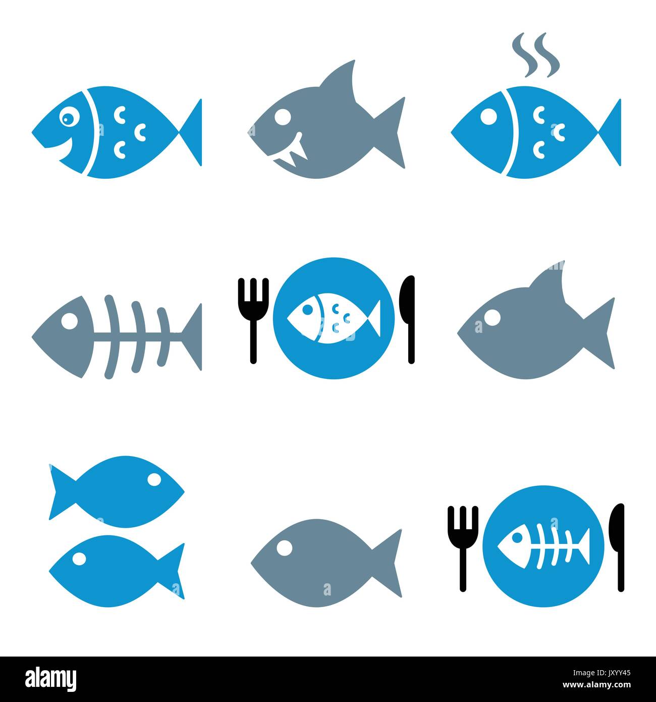 Fish, fish on plate, skeleton vector icons    Vector icons set on fish isolated on white Stock Vector