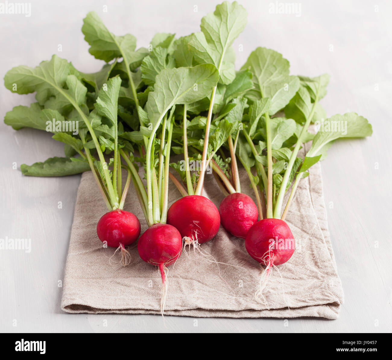 fresh raw radish with leaves over gray background Stock Photo Alamy