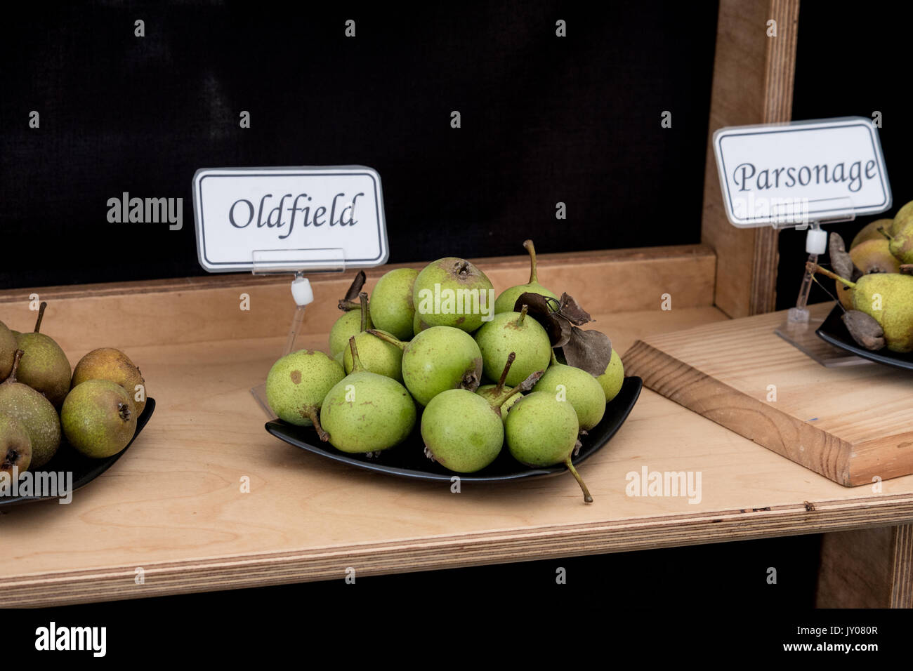 Named apple varieties displayed at show.  Worcestershire, England.  United Kingdom. Stock Photo