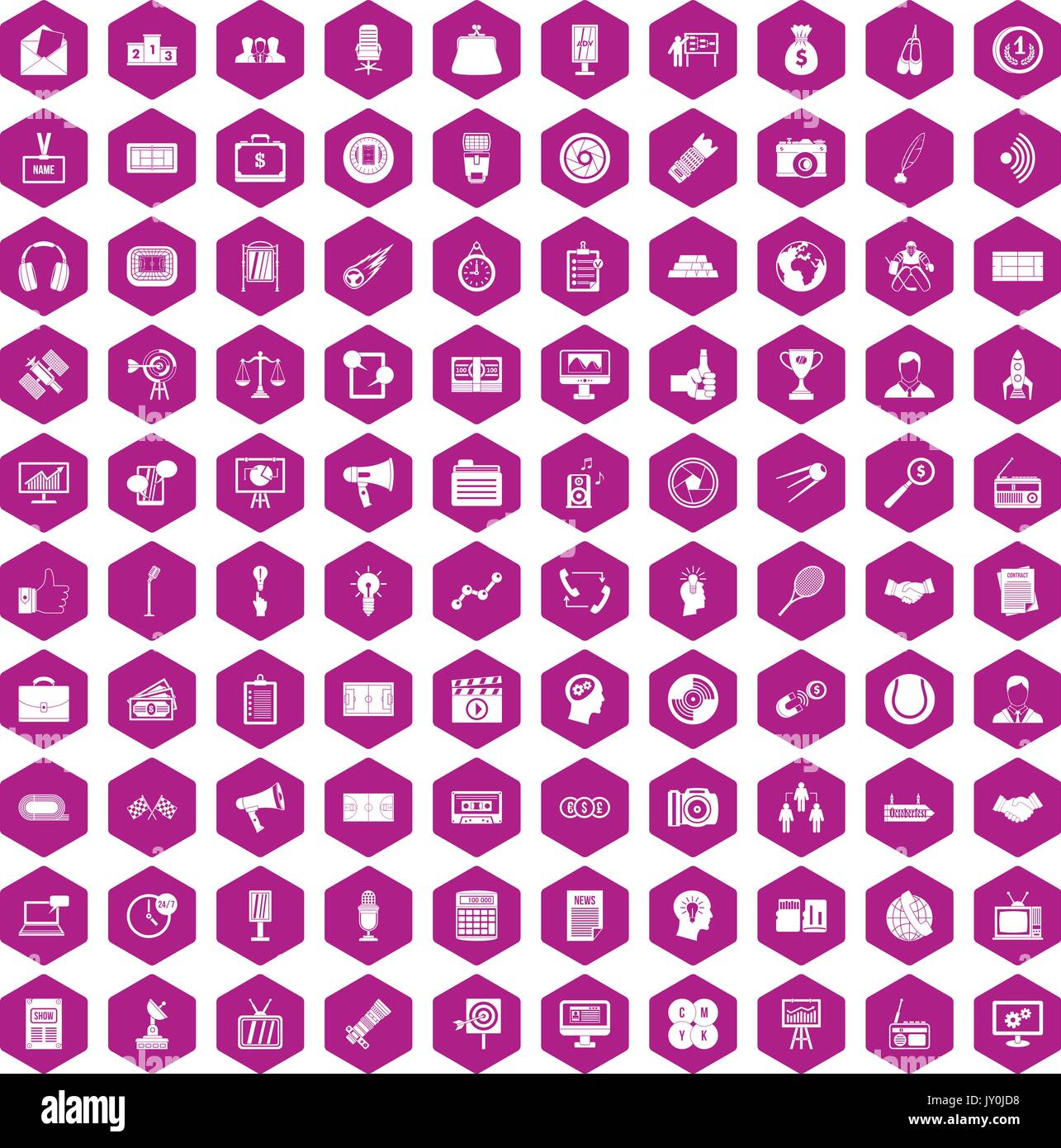 100 media icons hexagon violet Stock Vector