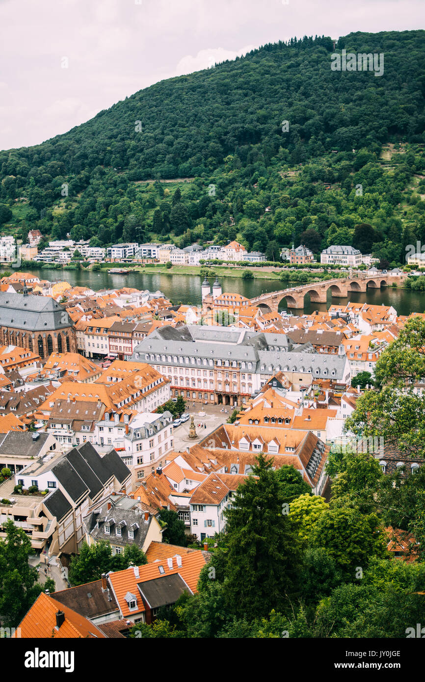 View on the old city Heidelberg with the Neckar river seen from the Heidelberger Schloss. Stock Photo