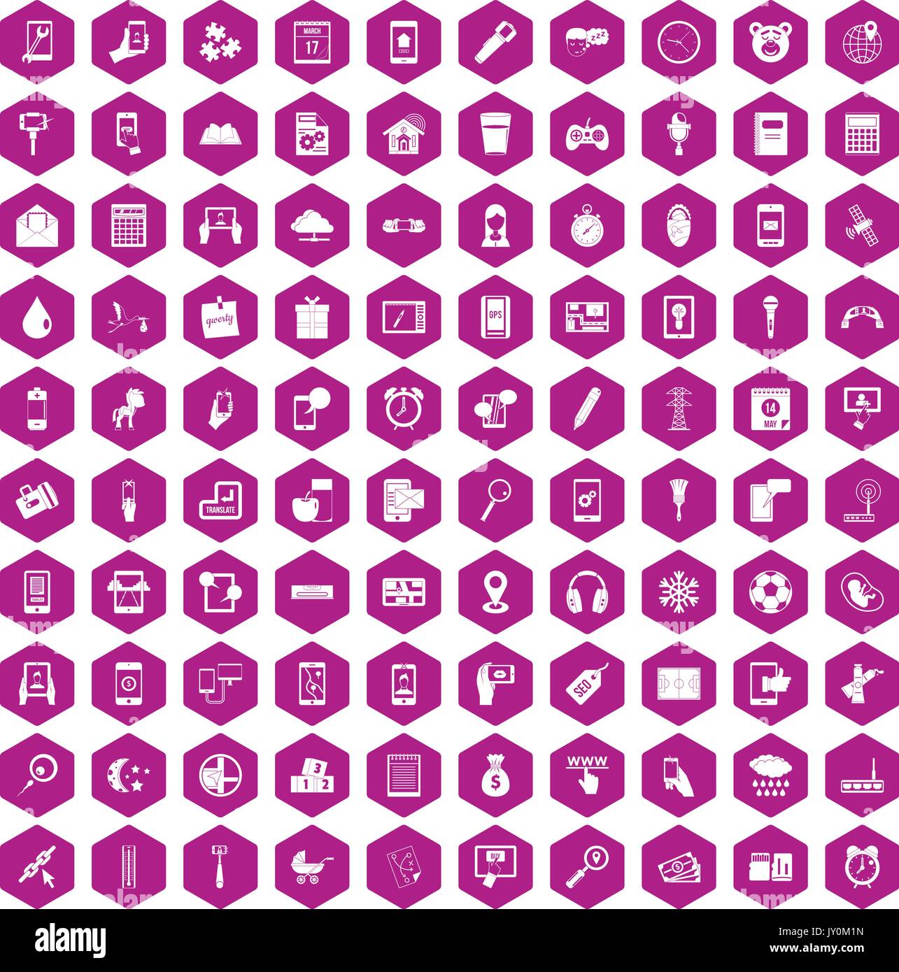100 mobile app icons hexagon violet Stock Vector