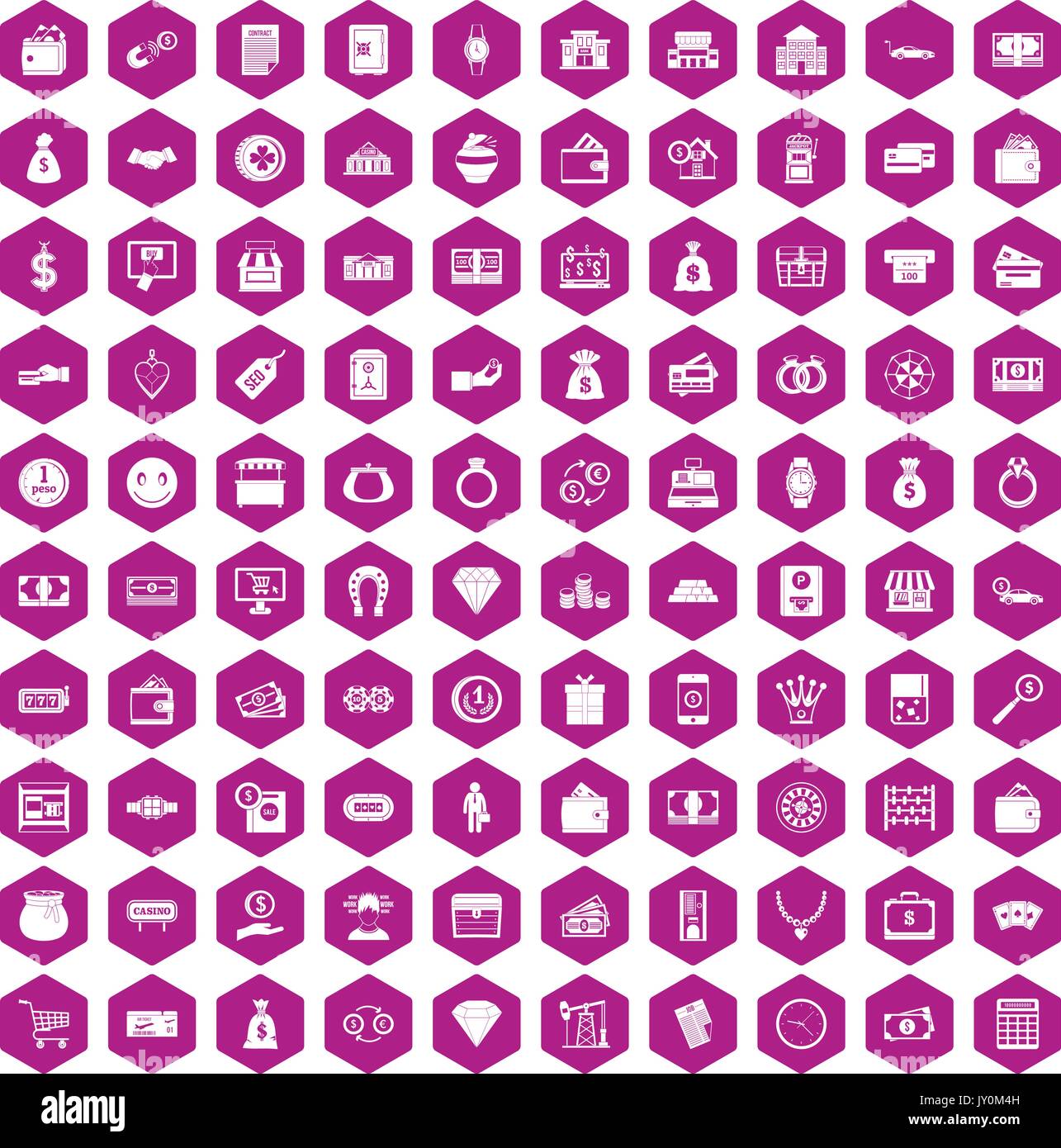 100 money icons hexagon violet Stock Vector