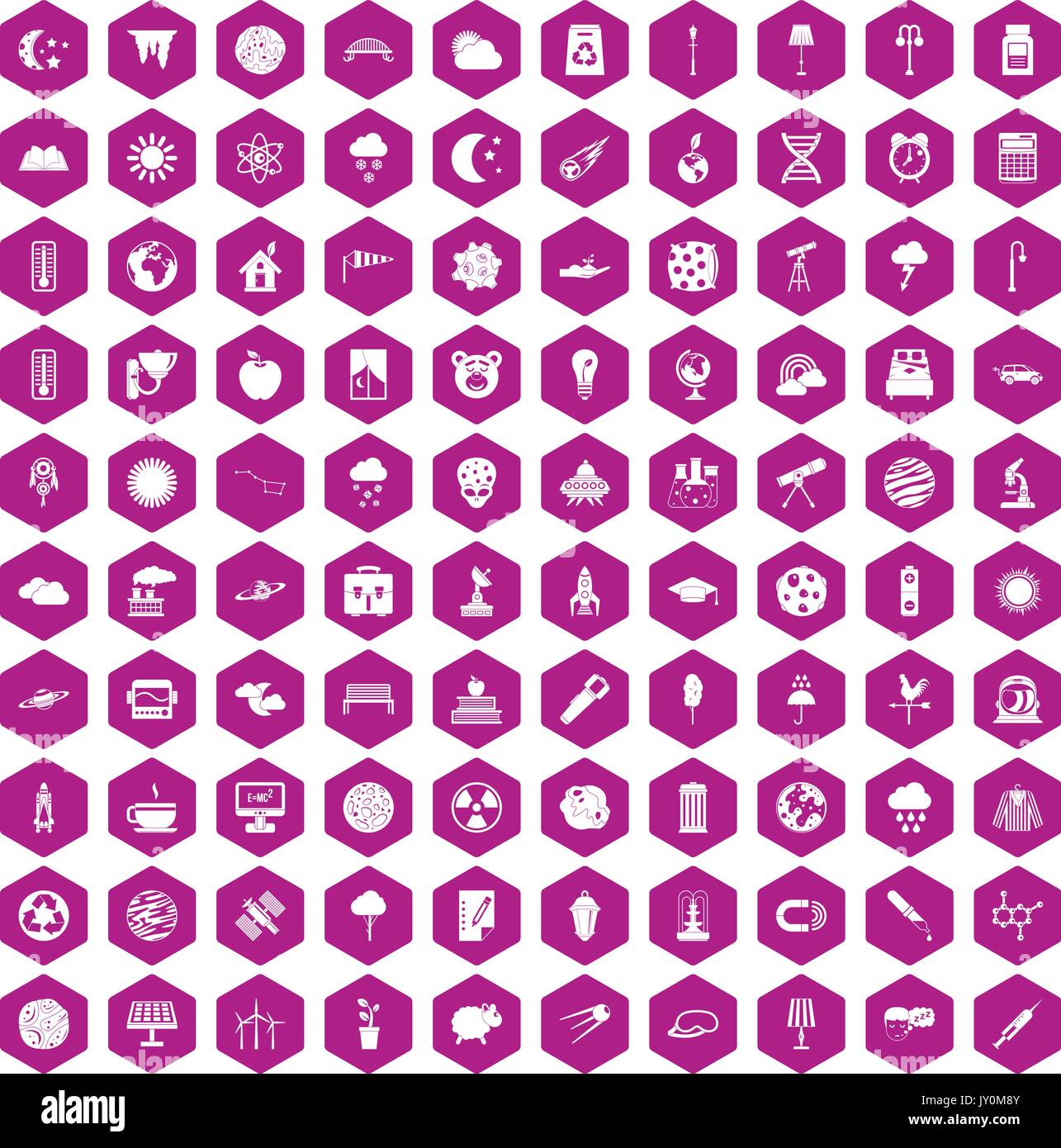 100 moon icons hexagon violet Stock Vector