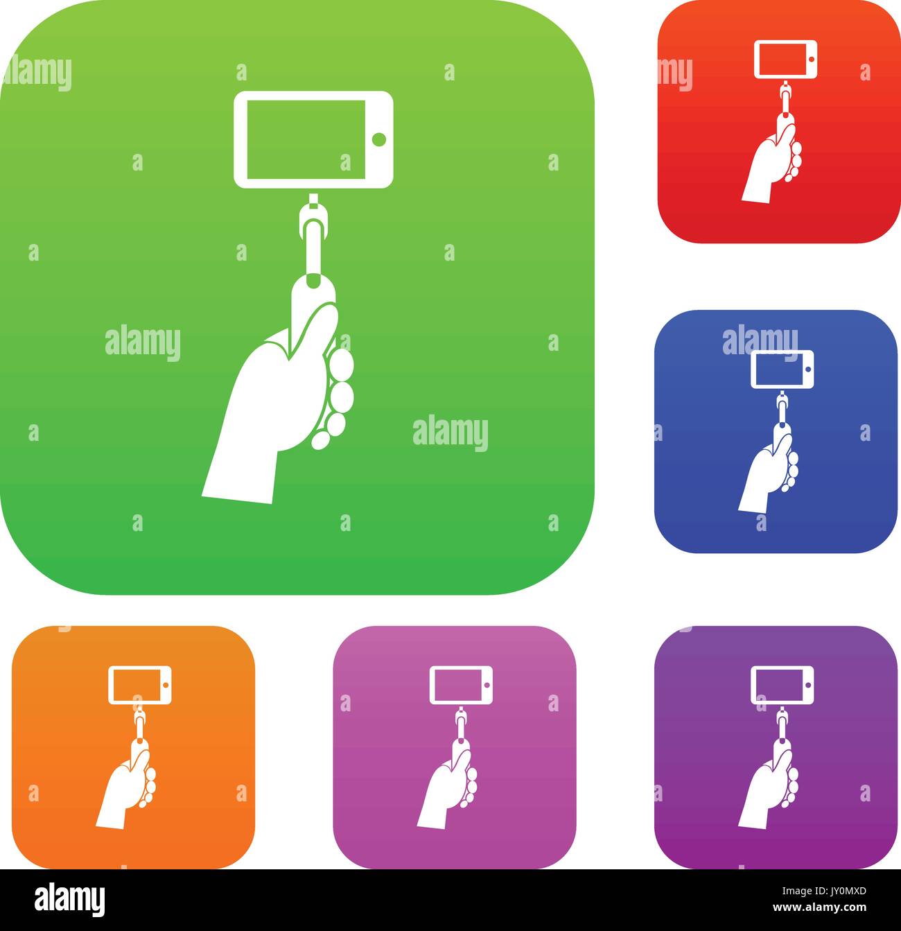 Hand holding a selfie stick with mobile phone set collection Stock ...