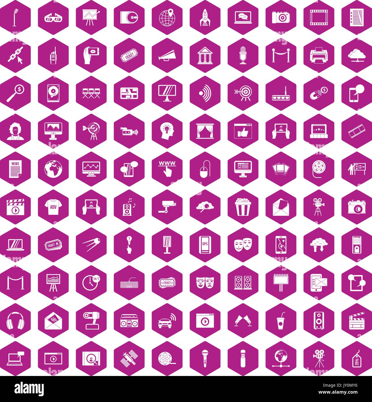100 multimedia icons hexagon violet Stock Vector