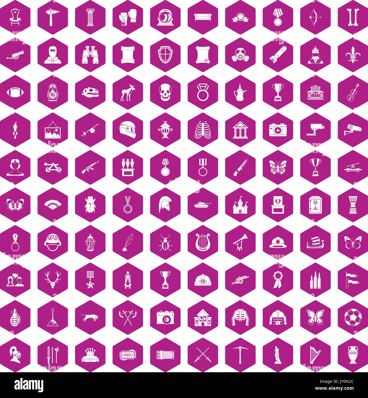 100 museum icons hexagon violet Stock Vector