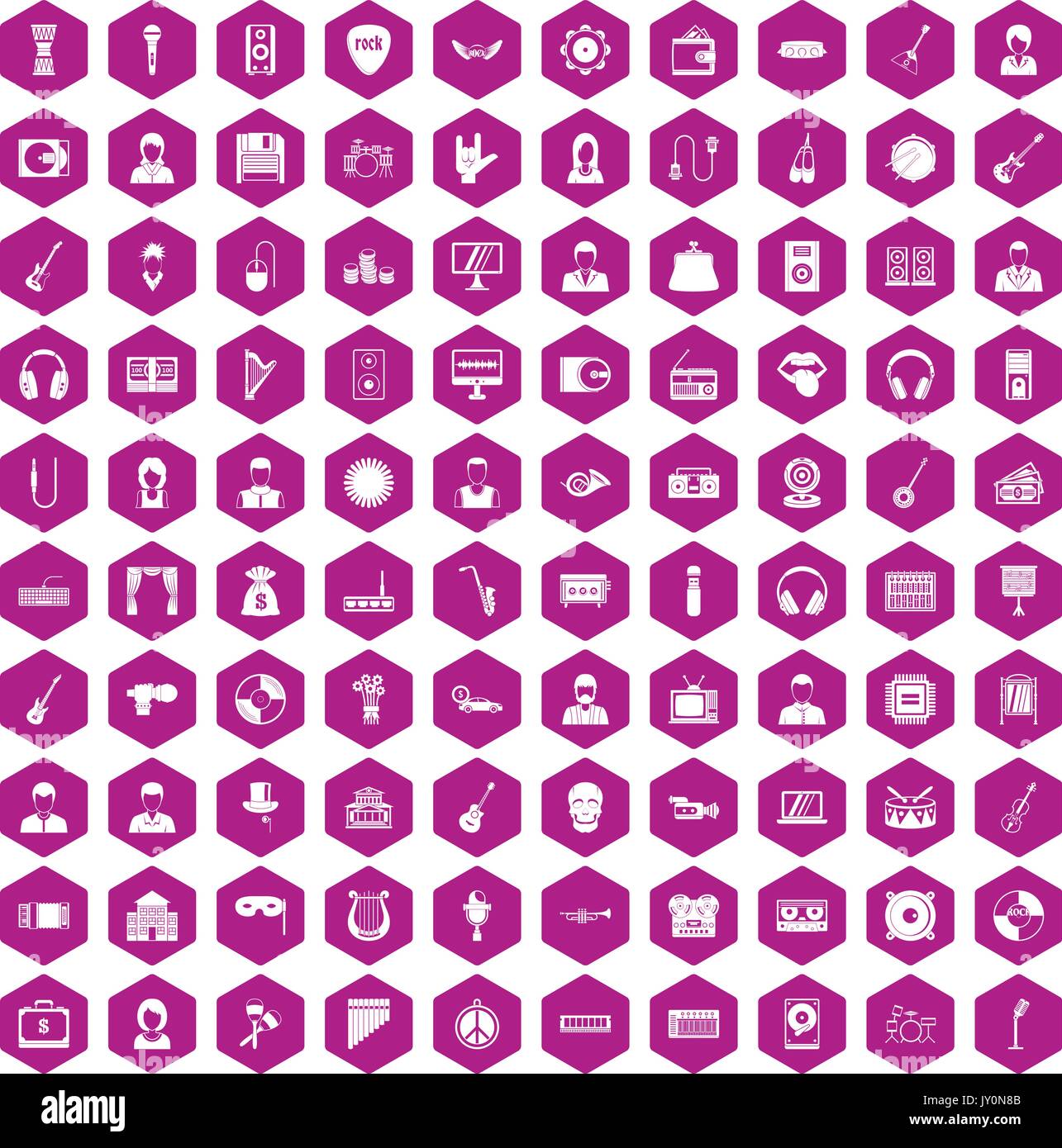 100 music icons hexagon violet Stock Vector