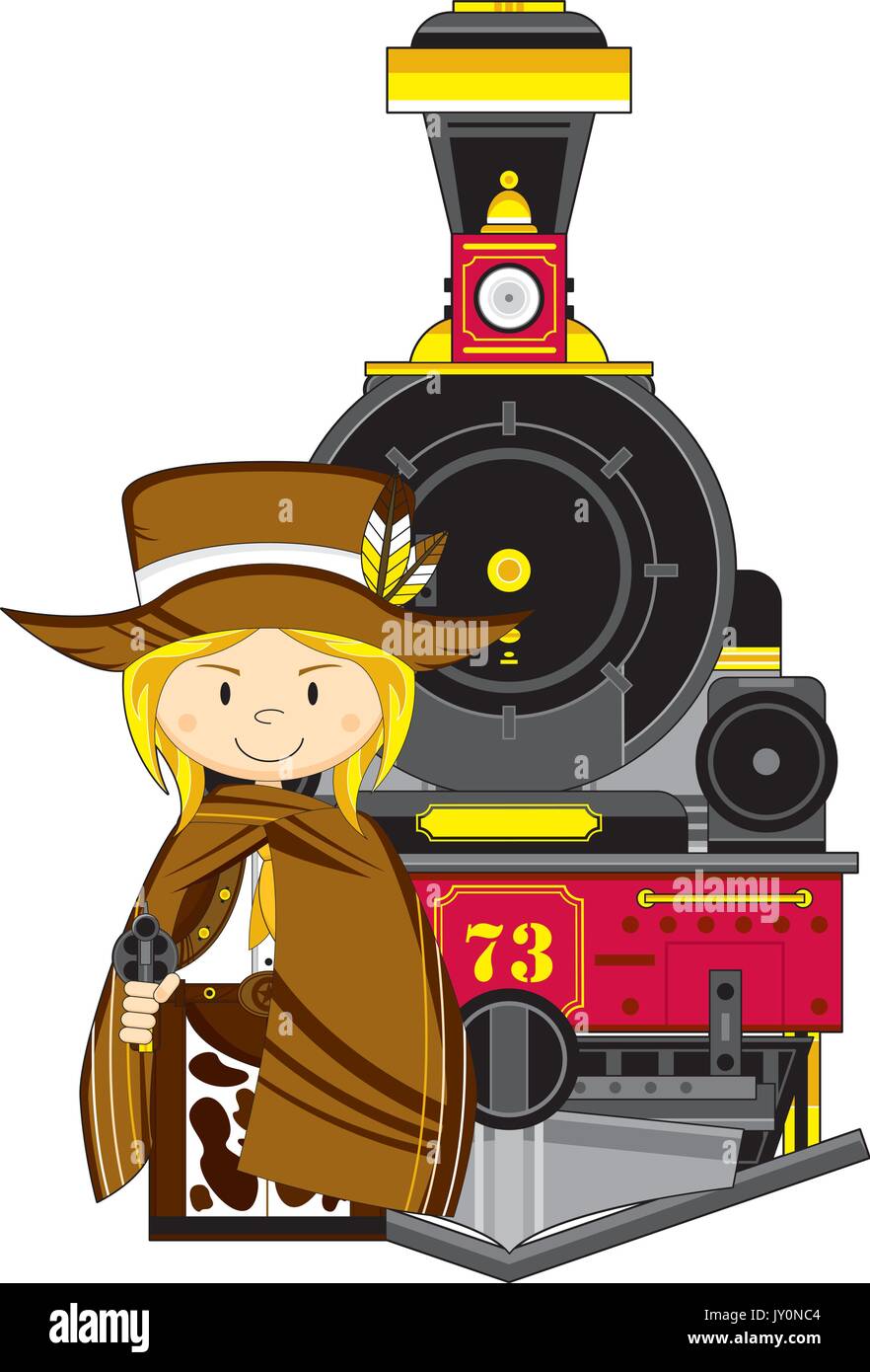 Cute Cartoon Wild West Cowboy and Vintage Steam Train Vector Illustration Stock Vector