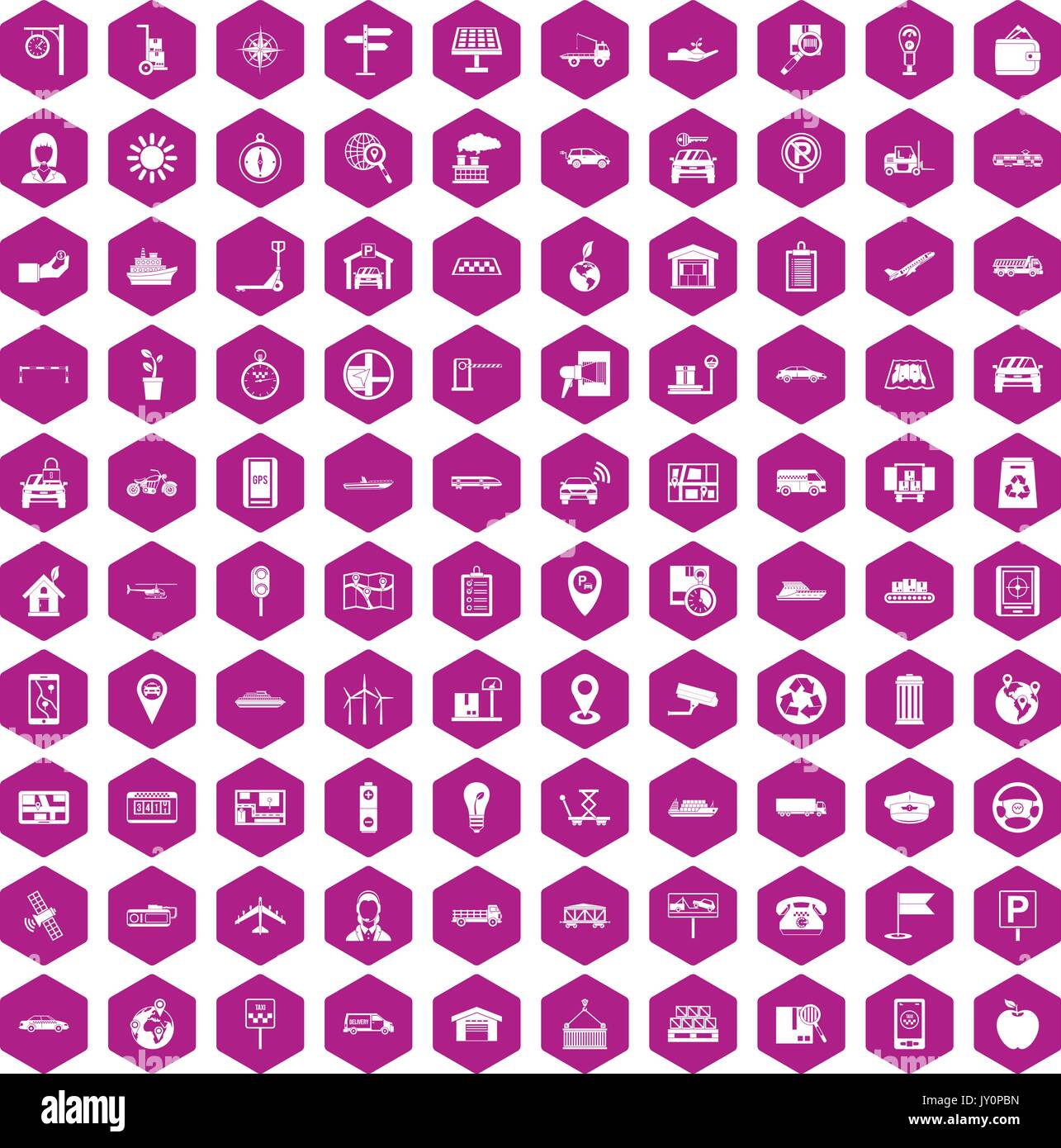 100 navigation icons hexagon violet Stock Vector
