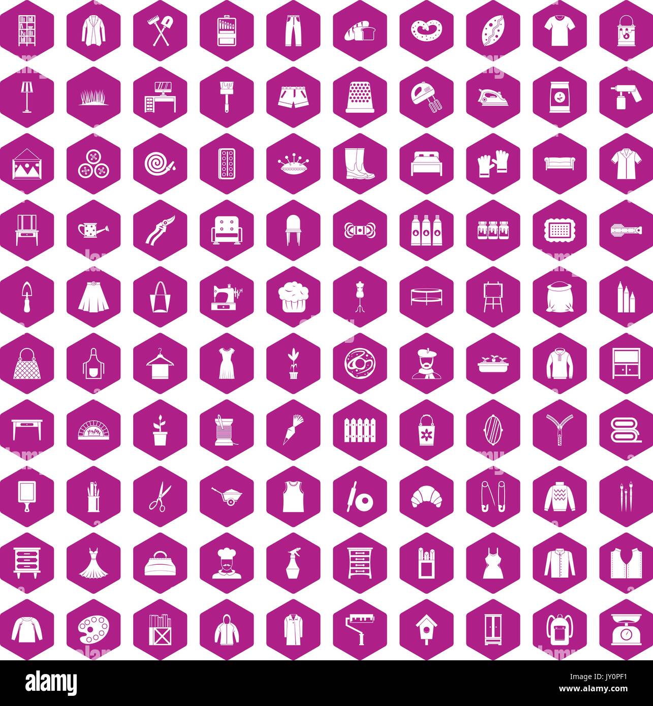100 needlework icons hexagon violet Stock Vector