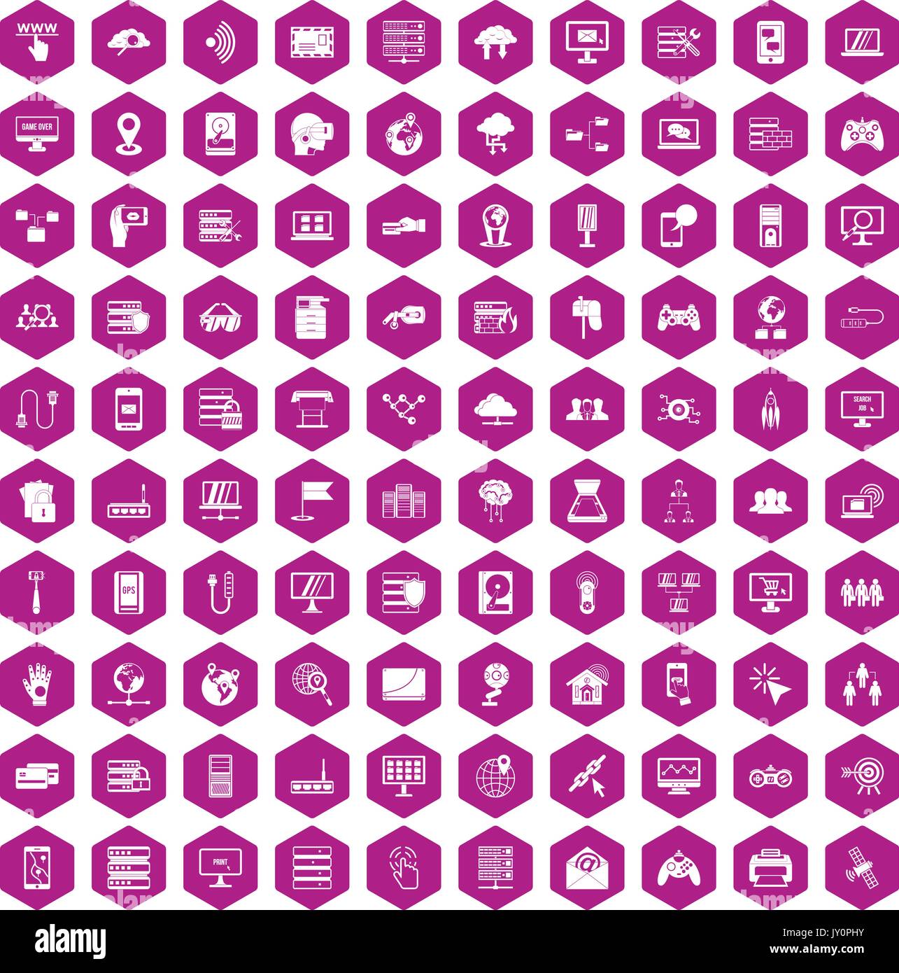 100 network icons hexagon violet Stock Vector