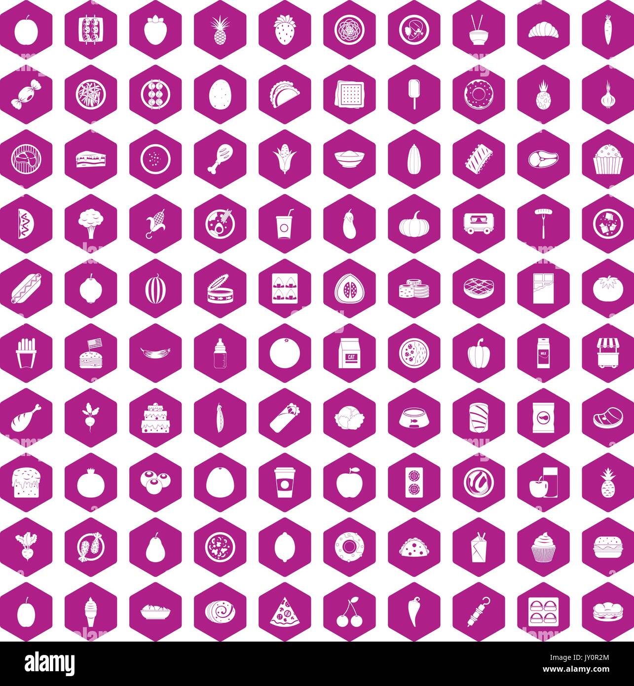 100 nutrition icons hexagon violet Stock Vector