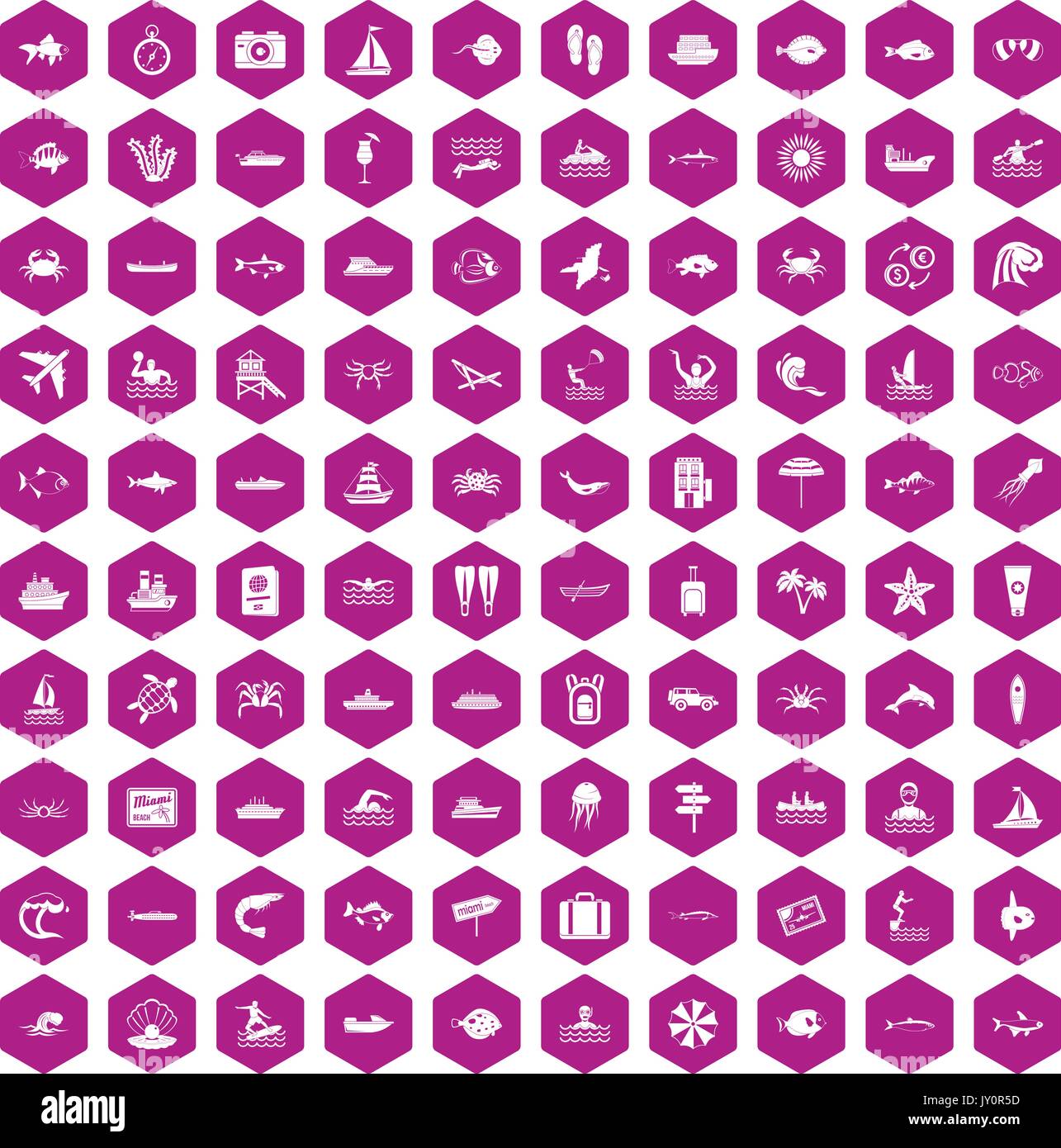 100 ocean icons hexagon violet Stock Vector