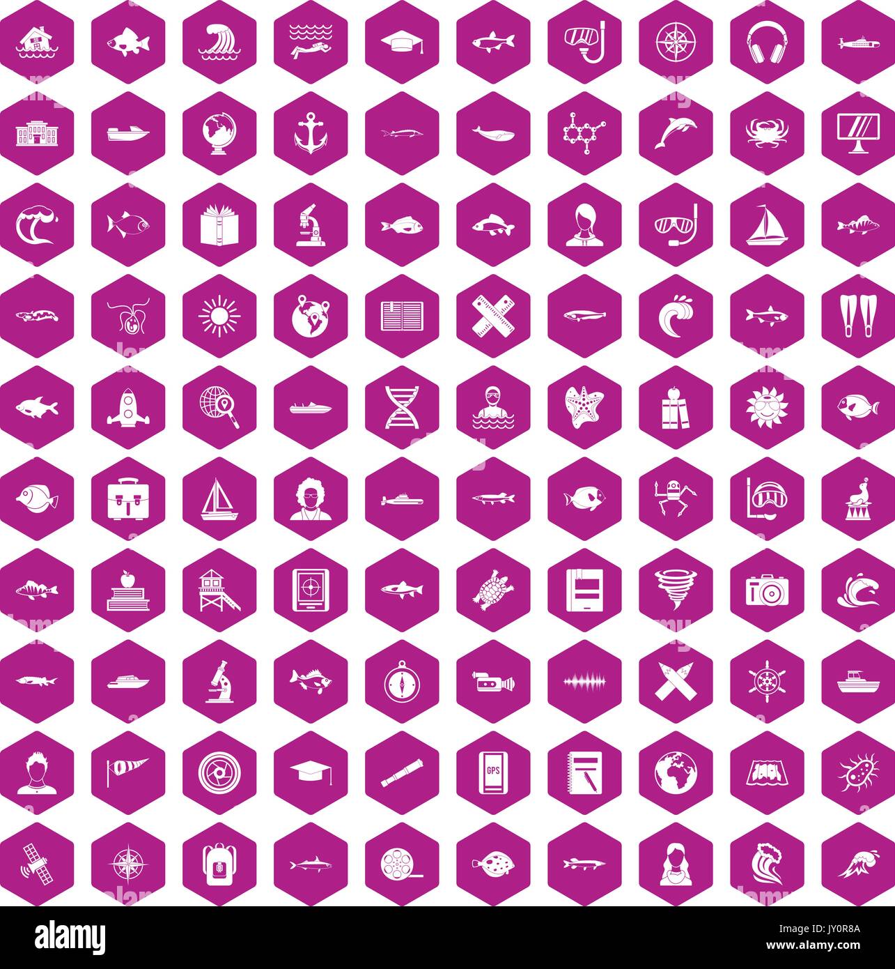100 oceanologist icons hexagon violet Stock Vector