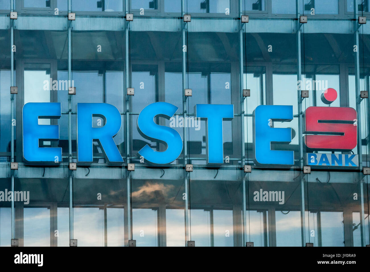 BUDAPEST, HUNGARY - AUGUST 11, 2017: Logo of Erste Bank at night on its Hungarian Headquarters in Belgrade  Picture of the logo of the Austrian Bank E Stock Photo