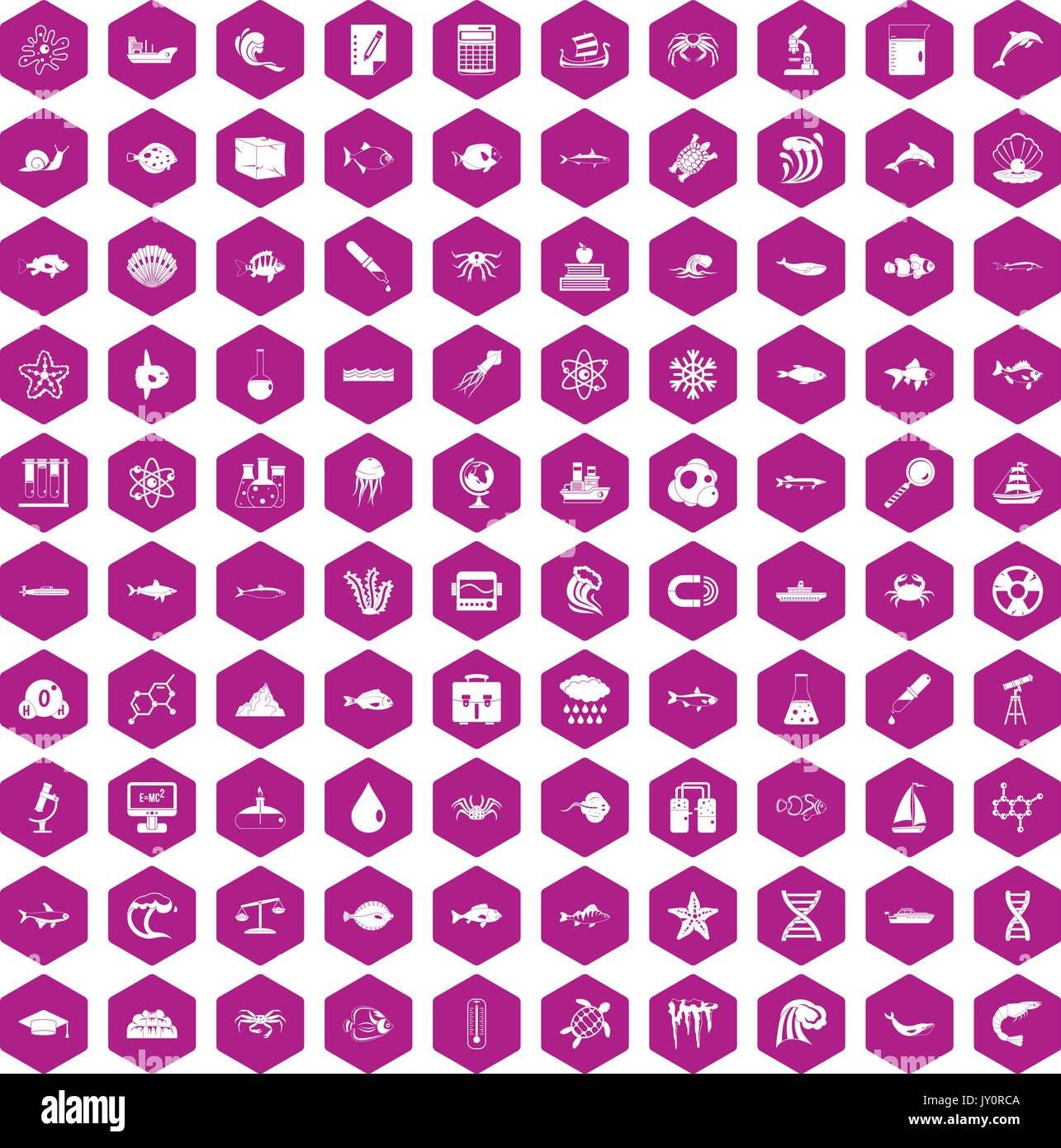 100 oceanology icons hexagon violet Stock Vector