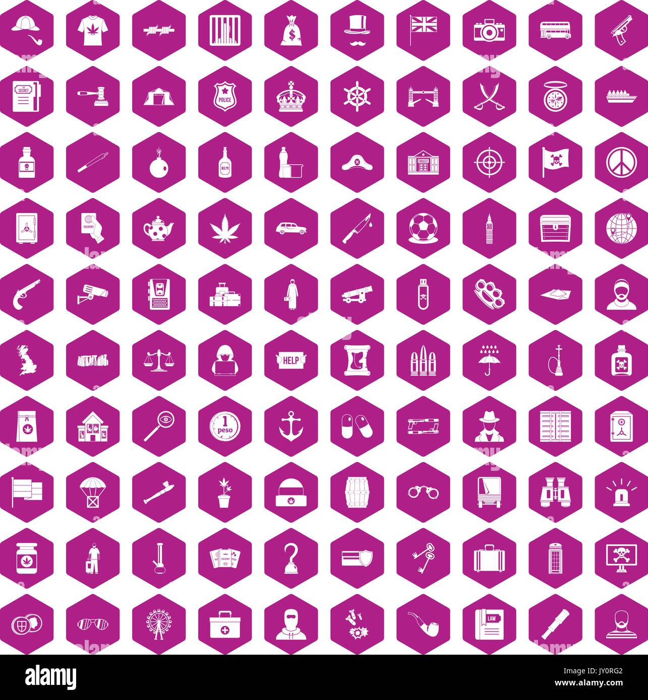 100 offence icons hexagon violet Stock Vector