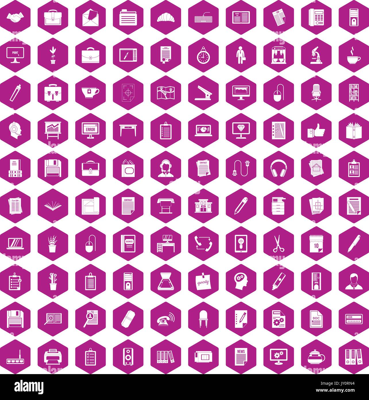 100 office icons hexagon violet Stock Vector