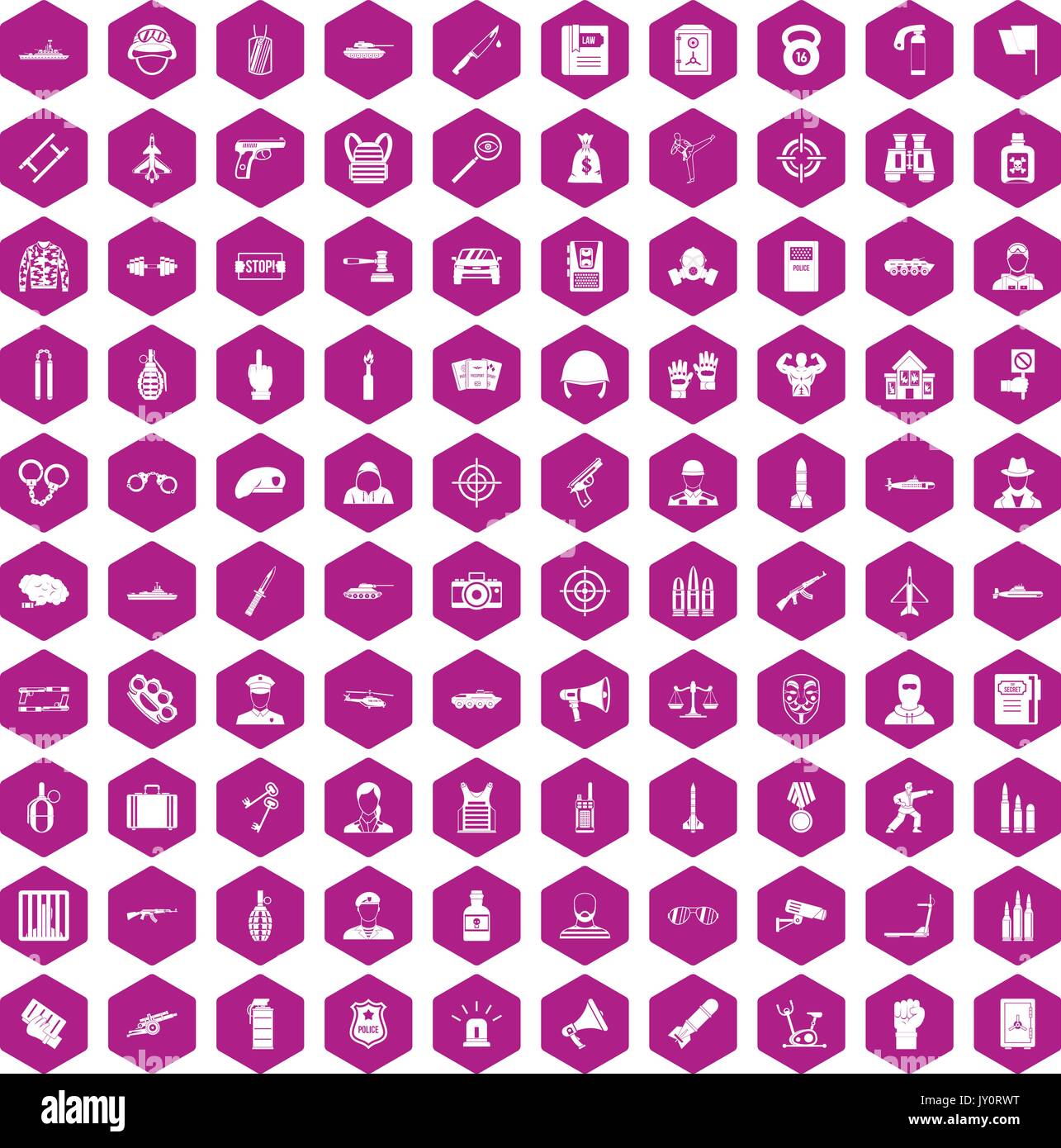 100 officer icons hexagon violet Stock Vector