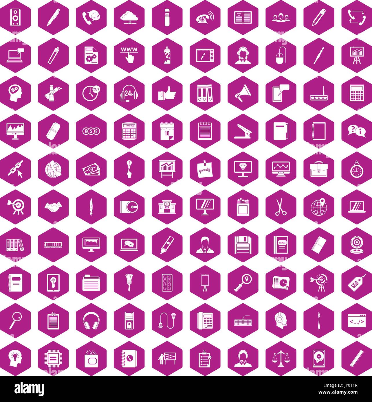 100 office work icons hexagon violet Stock Vector