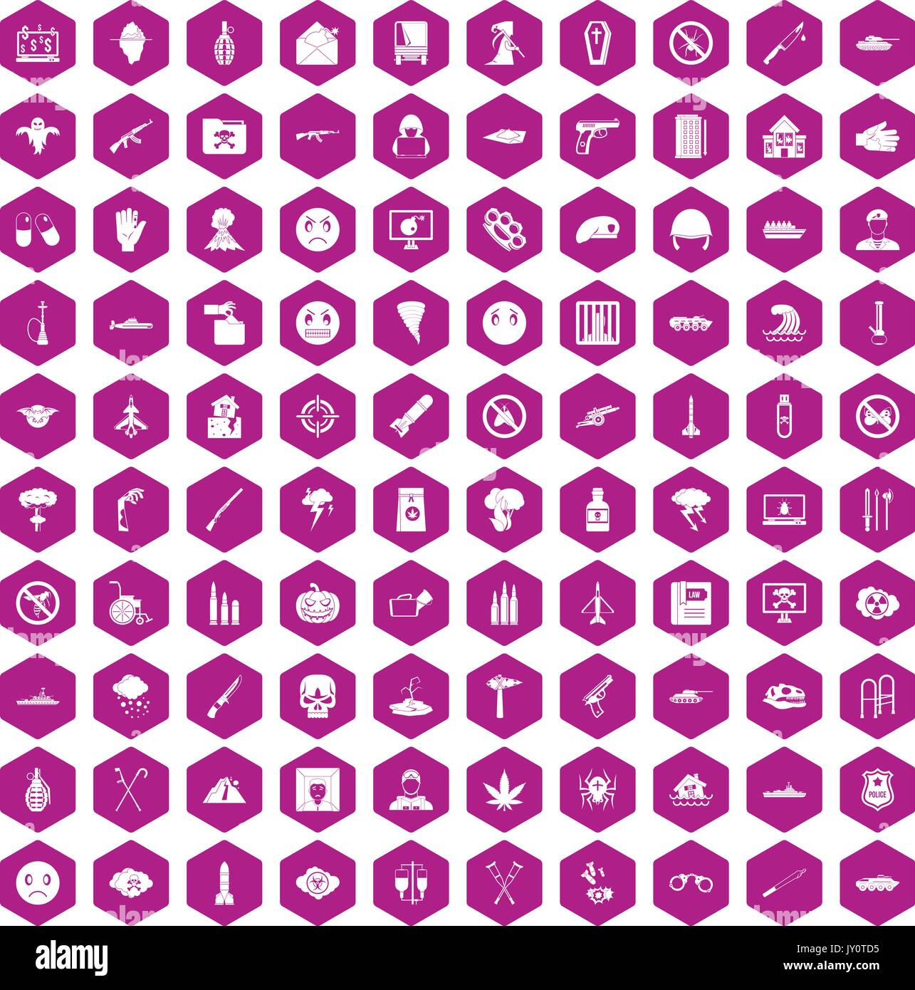 100 oppression icons hexagon violet Stock Vector