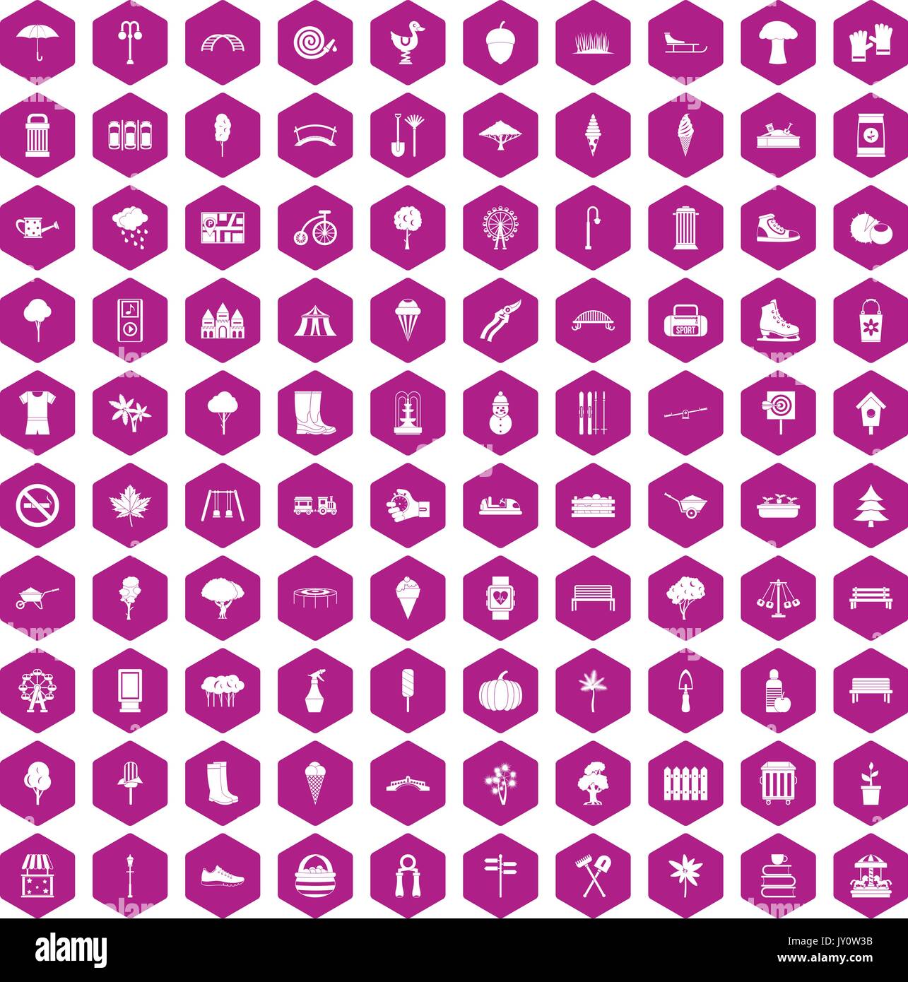 100 park icons hexagon violet Stock Vector