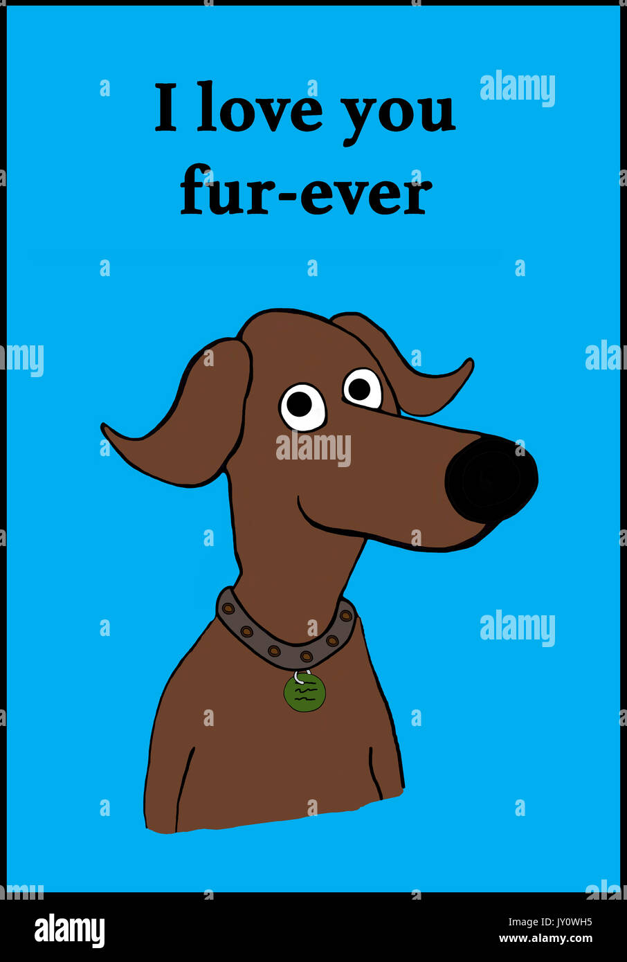 Cartoon illustration of a smiling dog and a pun about love. Stock Photo
