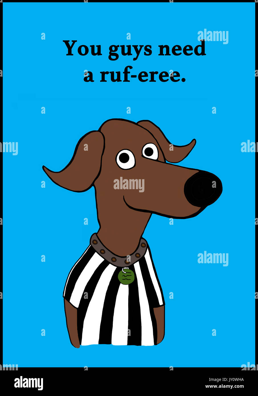 Cartoon illustration of a dog and a pun about referee. Stock Photo