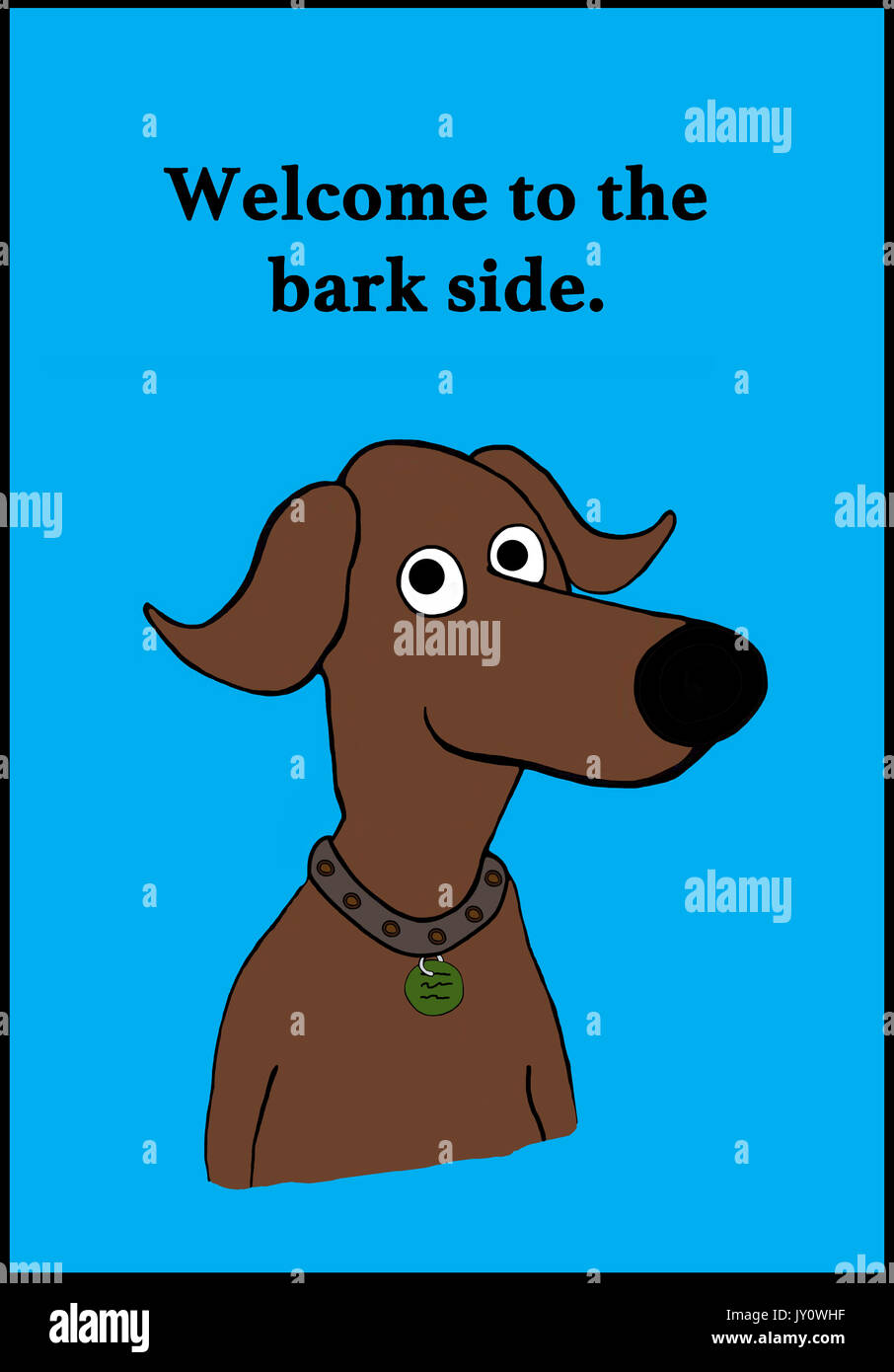 Cartoon illustration of a dog and a pun about dark side. Stock Photo