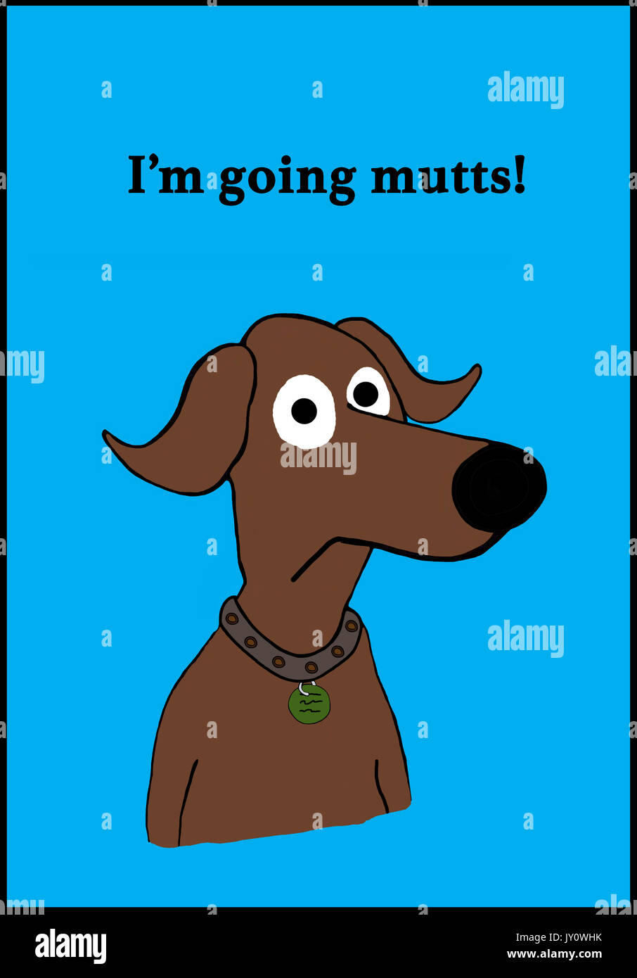 Cartoon illustration of a stressed dog and a pun about going nuts. Stock Photo