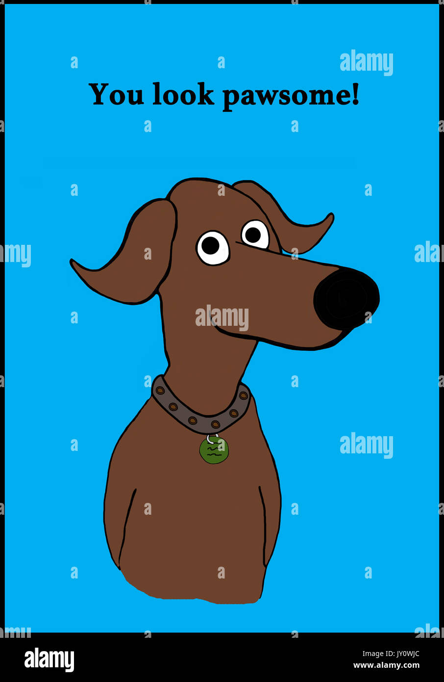 Cartoon illustration of a dog and a pun about awesome. Stock Photo