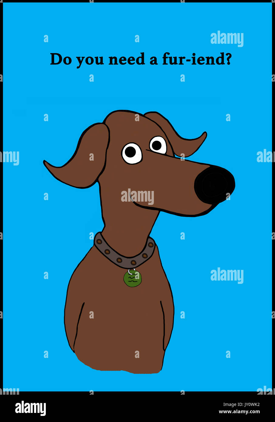 Cartoon illustration of a happy dog and a pun about friend. Stock Photo