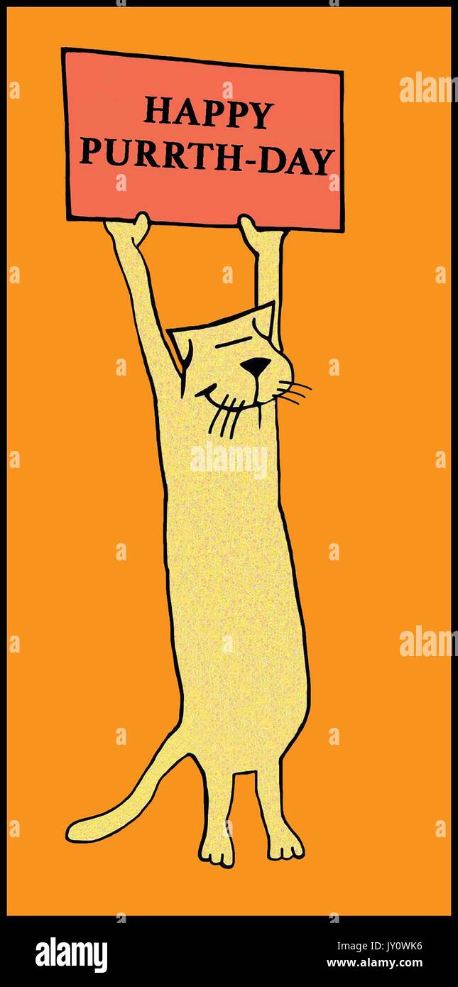 Cartoon illustration of a cat holding a sign and a pun about birthday. Stock Photo