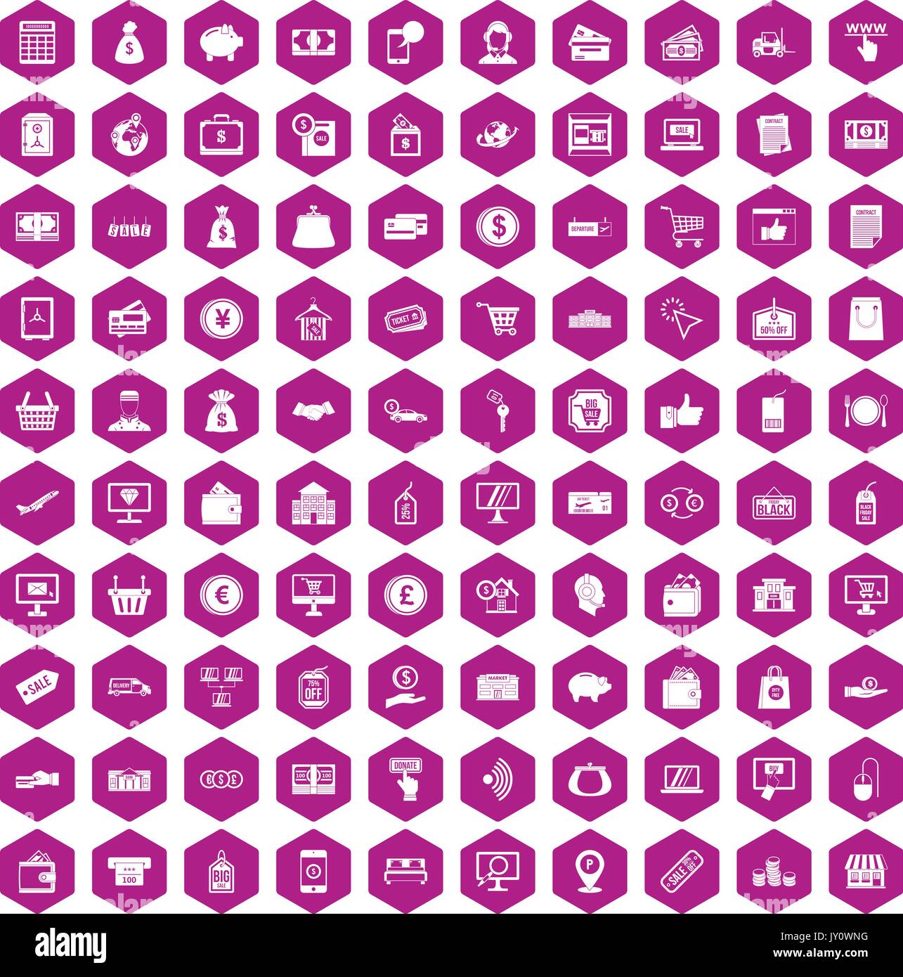 100 payment icons hexagon violet Stock Vector