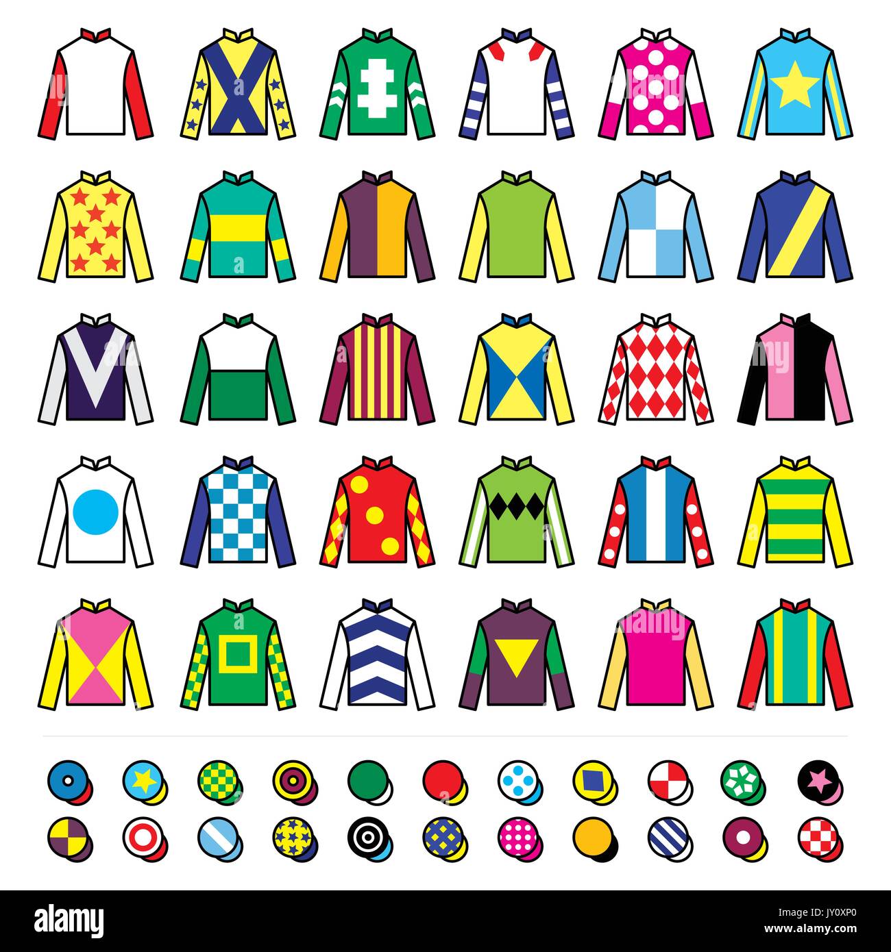 Jockey uniform - jackets, silks and hats, horse riding icons set    Vector icons set - horse racing jockey uniform designs isolated on white Stock Vector