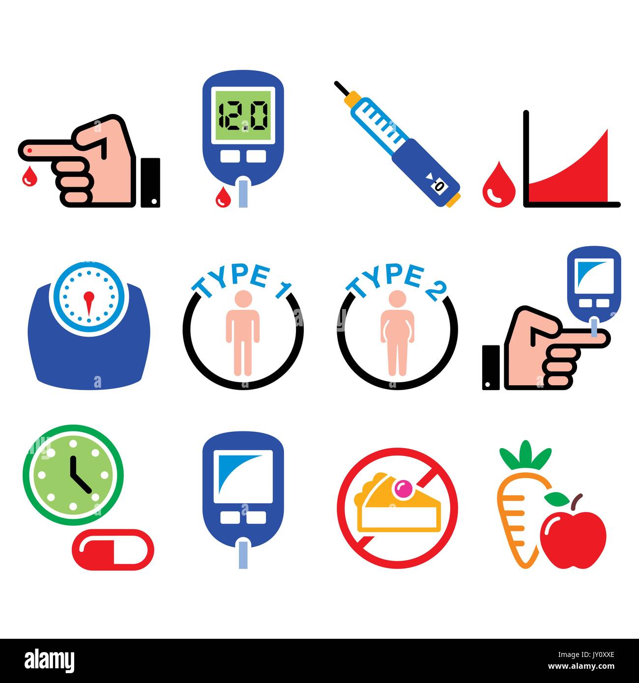 Diabetes disease, health icons set    Vector icons set - people with diabetes, treatment isolated on white Stock Vector