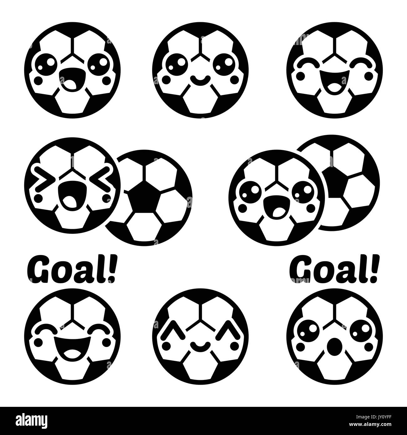 Kawaii soccer ball, football icons set    Vector icons set of cute, happy soccer ball character isolated on white Stock Vector