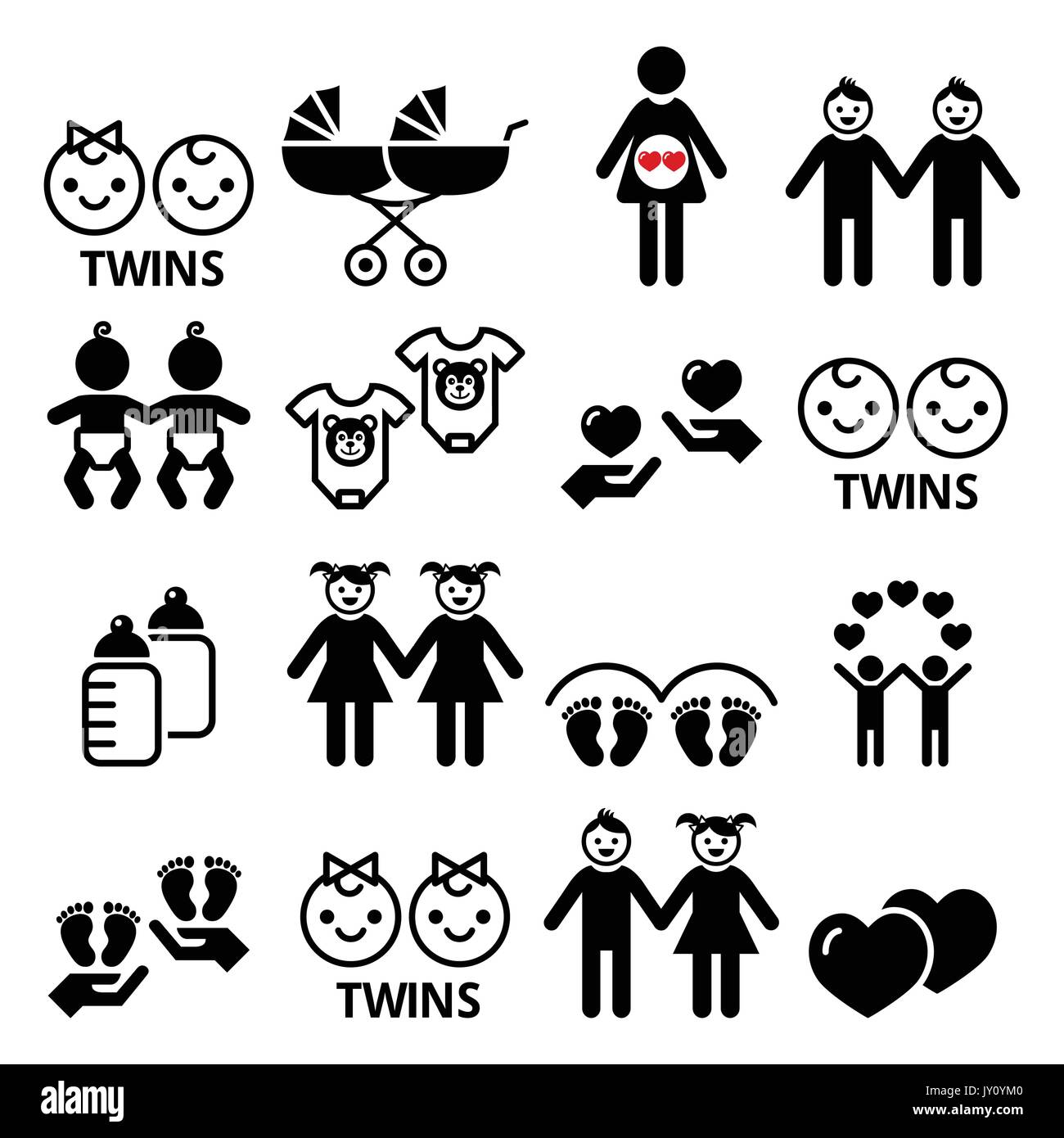 Twin babies icons set - double pram, twin boy and girl designs  Twins vector icons set, twin children, baby clothes designs isolated on white Stock Vector