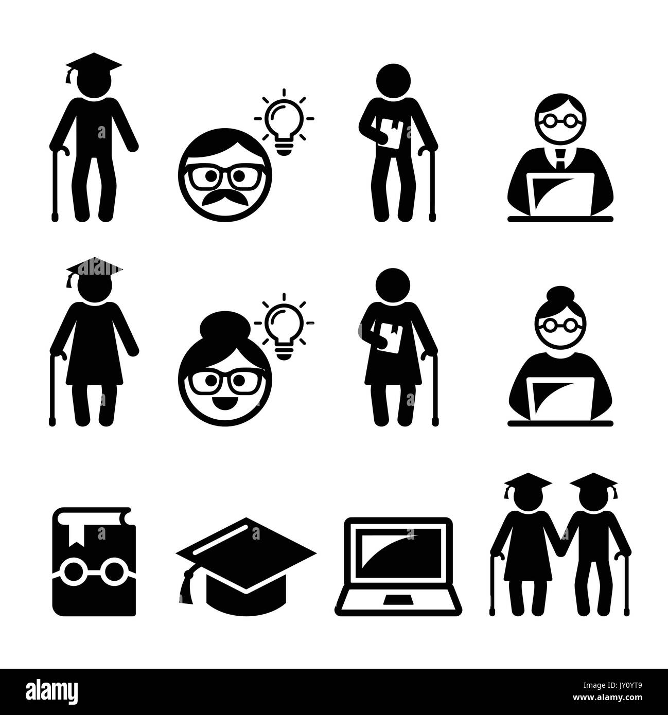 University of the Third Age, Senior education icons set    U3A vector icons set, old people learning new skills Stock Vector