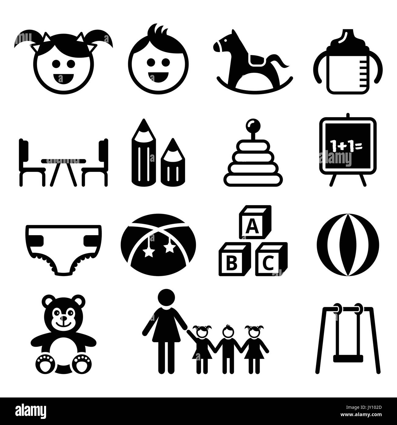 Kindergarten, nursery, preschool icons set    Babies and kids in creche or kindergarten vector icons set isolated on white Stock Vector