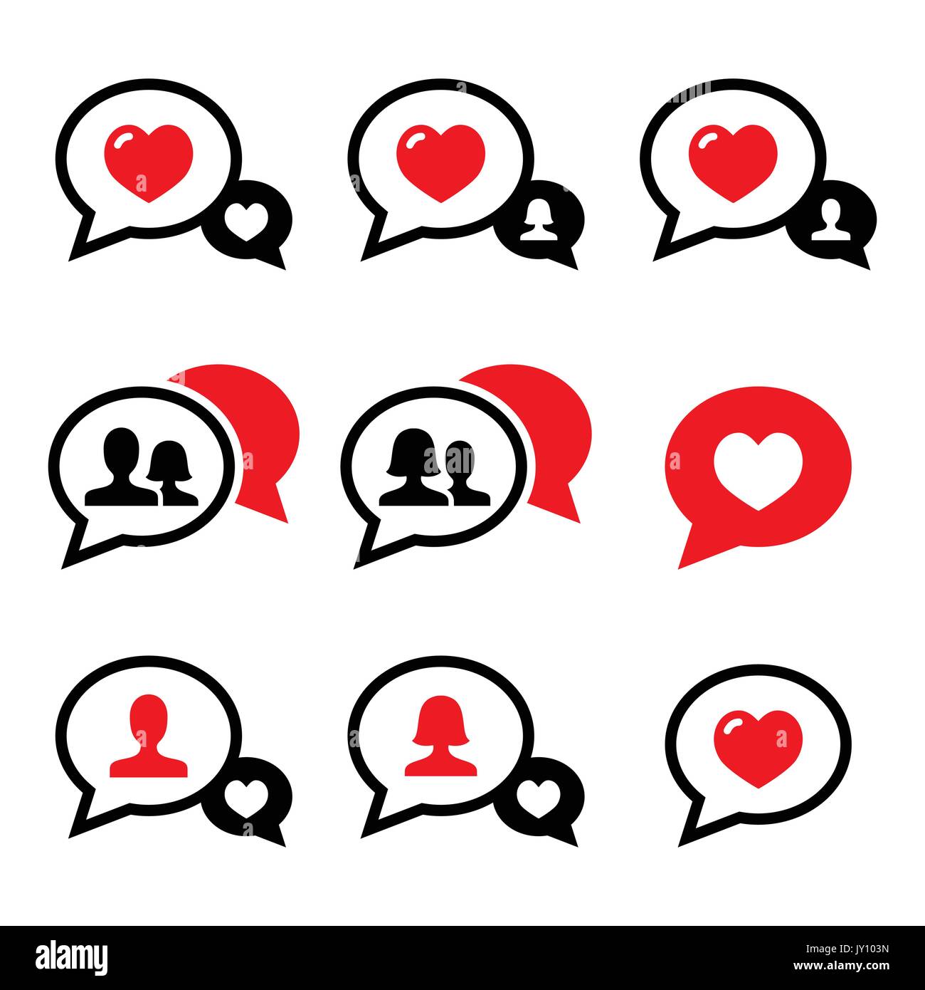 Love speech bubbles, couples vector icons set  Speech bubbles with heart, man and woman icons set isolated on white Stock Vector
