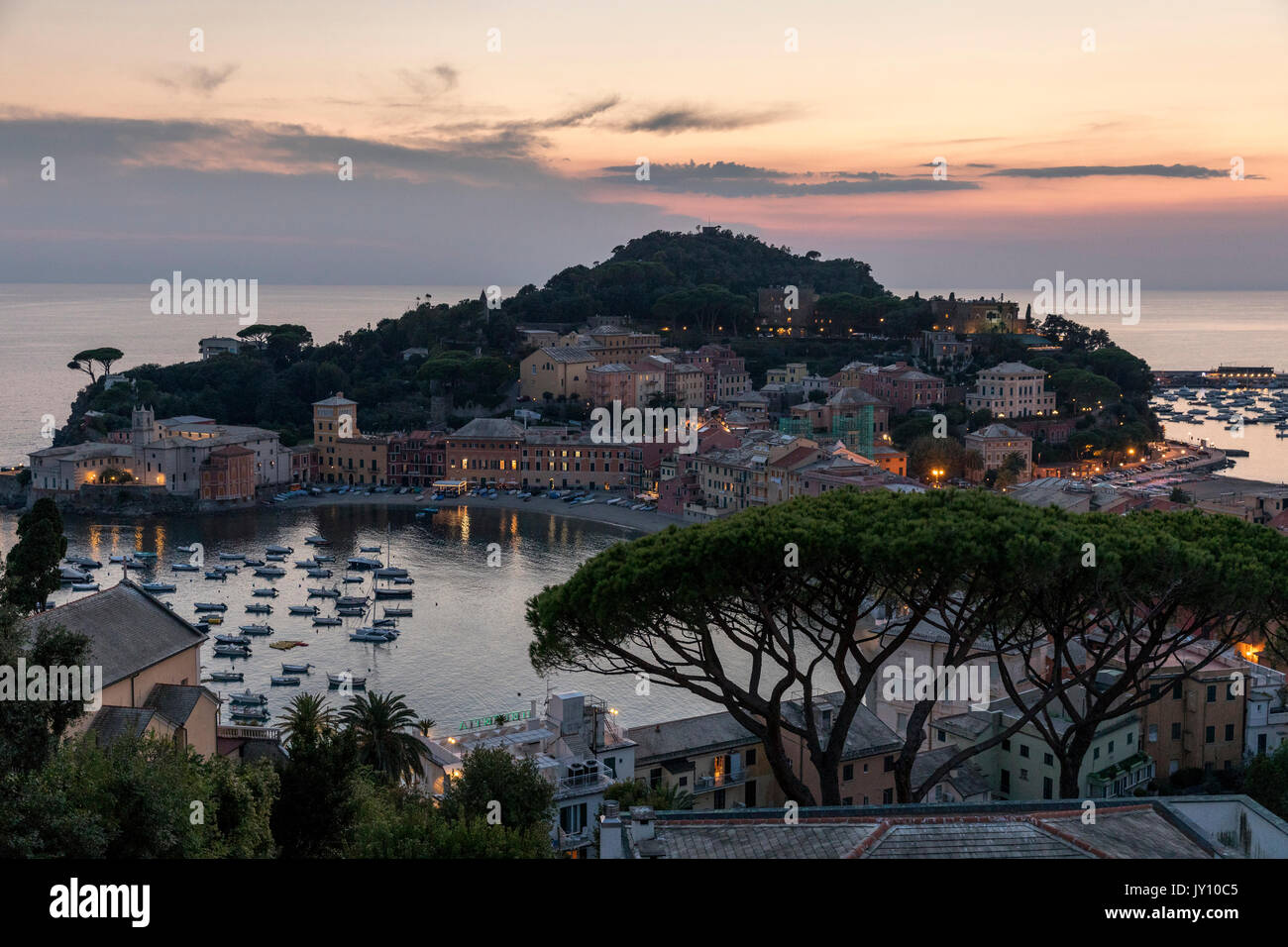 Scenic view of harbor at sunset, Sestri Levante, Liguria, Italy Stock Photo