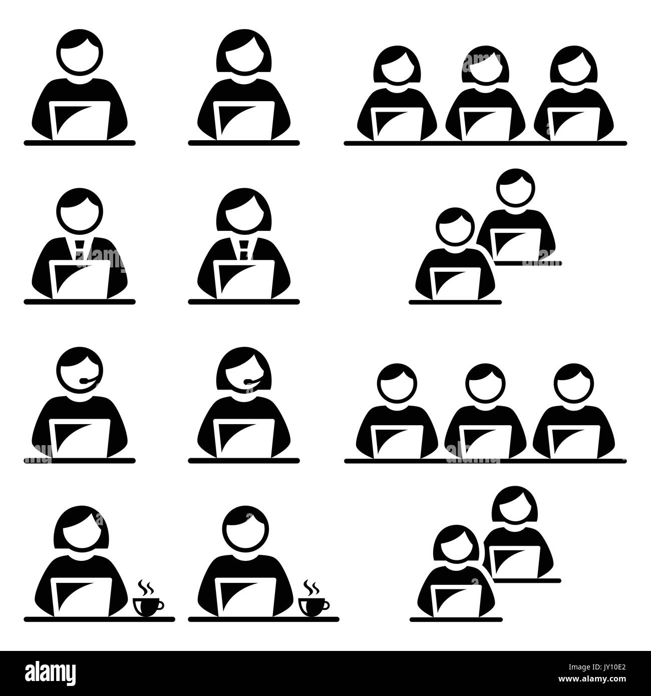 People working on laptop in office, call centre, school and cafe icons    Vector icons set of man and woman sitting with laptop icons set isolated on Stock Vector